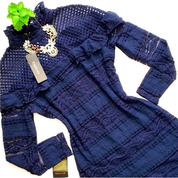 Bebe Navy Blue Mixed Media Lace Midi Mesh Ruffle Collar Cocktail Dress Size M - Picture 1 of 11